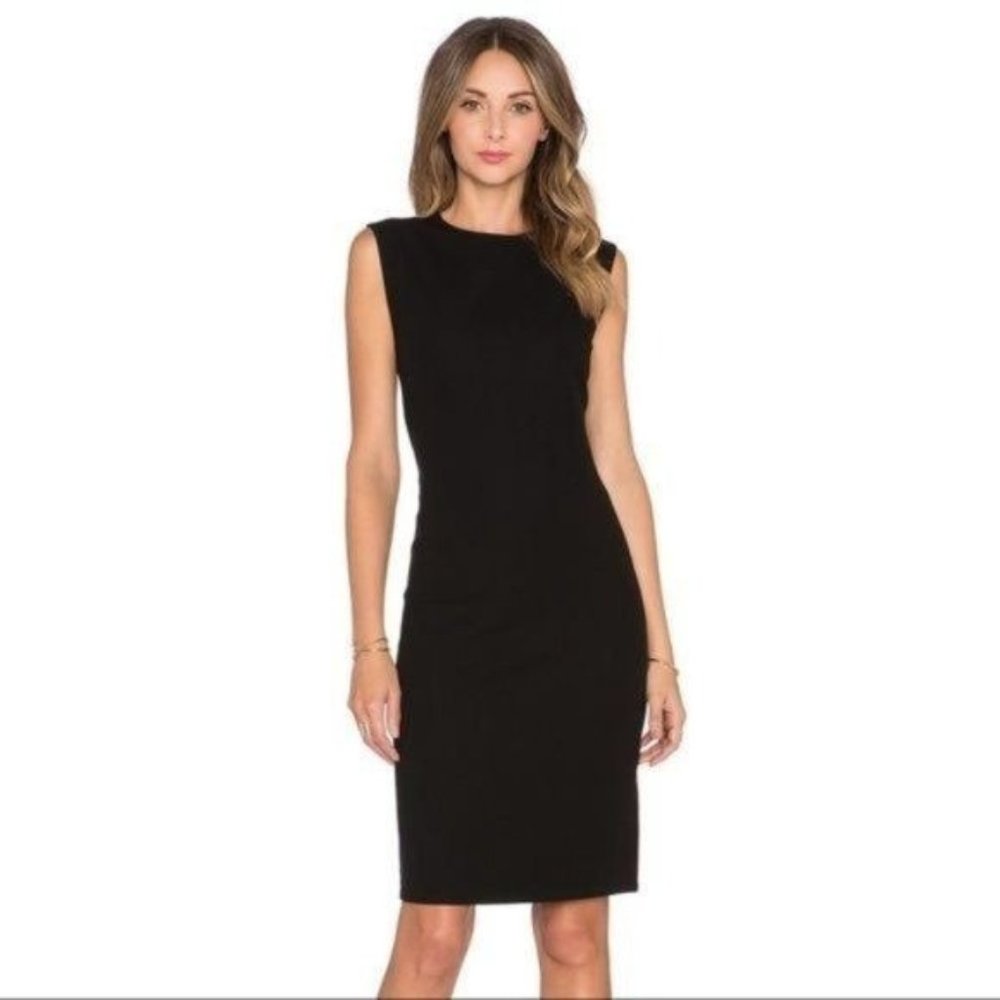 VINCE RIBBED KNIT PENCIL ROUND NECK SLEEVELESS MIDI KNEE LENGTH DRESS BLACK S